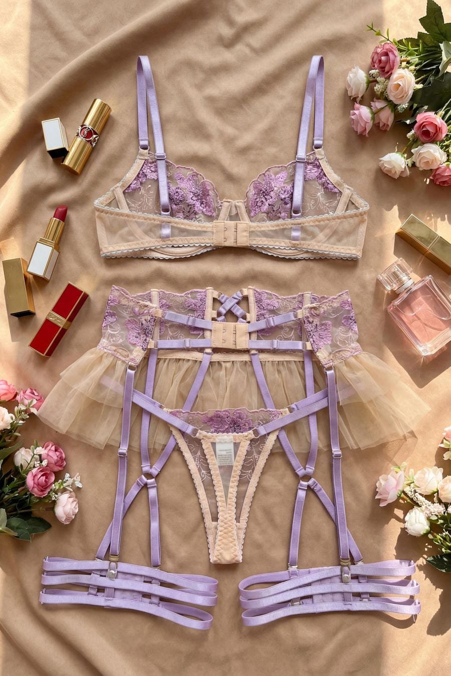 Sheer Mesh Floral Embroidered Bra Set