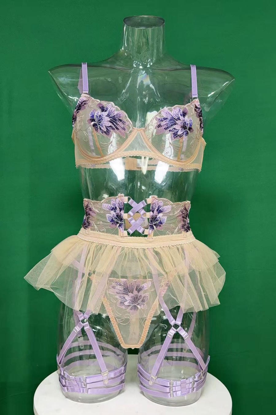 Sheer Mesh Floral Embroidered Bra Set