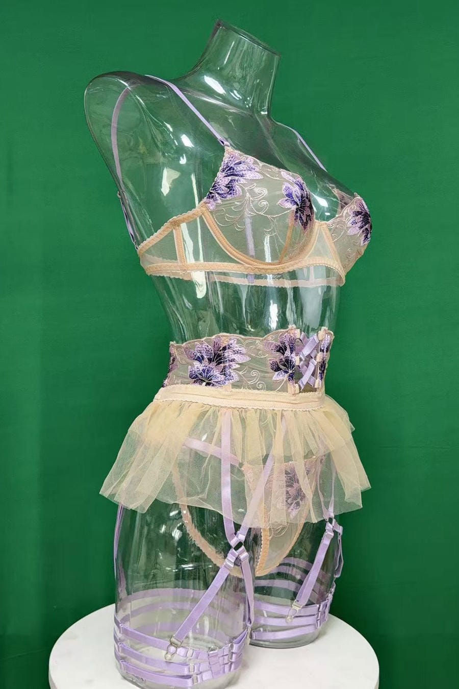 Sheer Mesh Floral Embroidered Bra Set