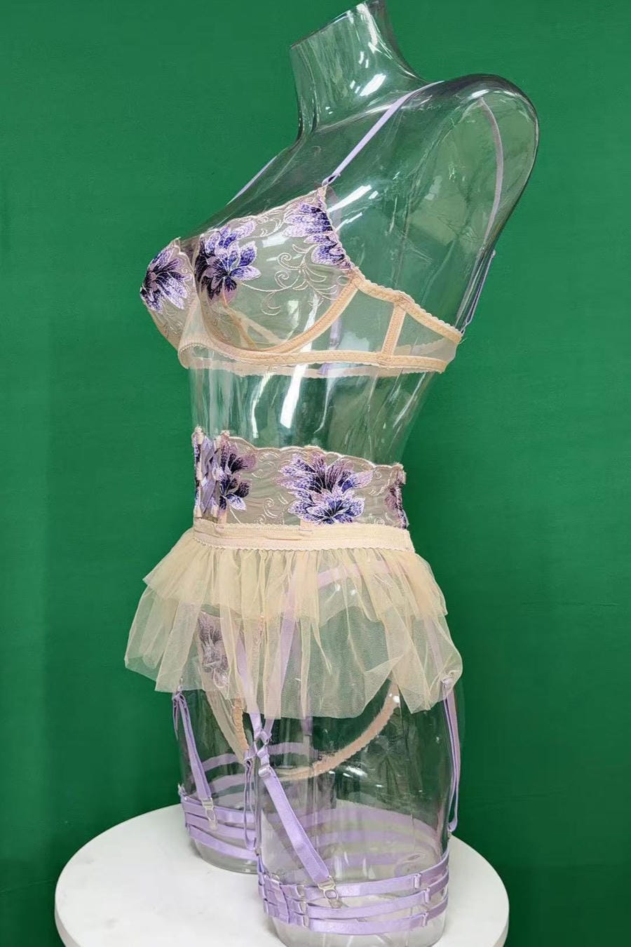 Sheer Mesh Floral Embroidered Bra Set
