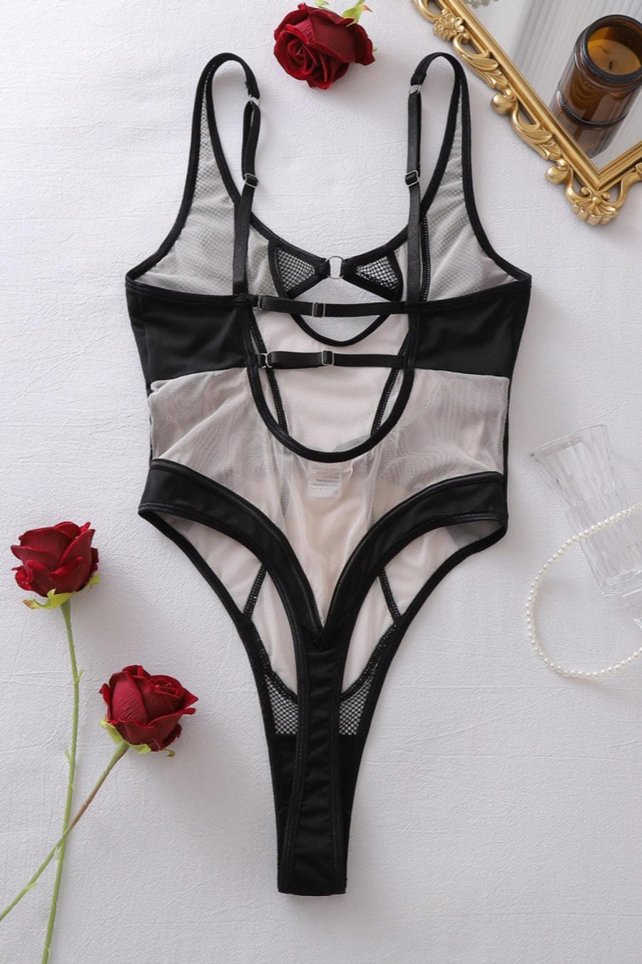 Black Sheer Mesh Cutout Teddy