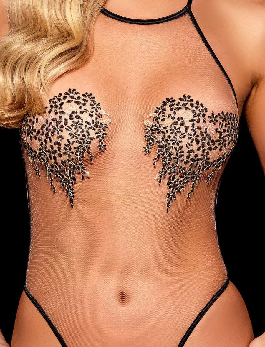 Sheer Mesh Halter Bodysuit with Heart Appliques