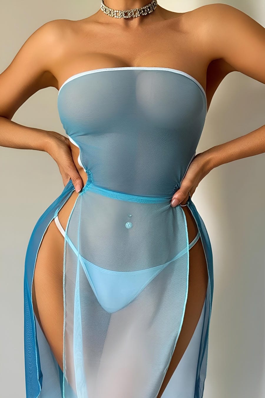 Sheer Blue Mesh Lingerie Set
