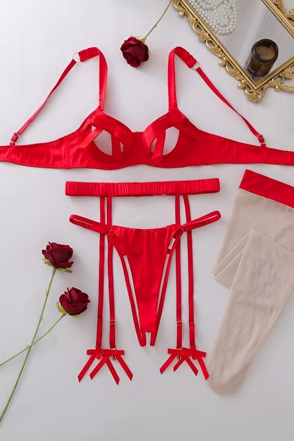 Red Bow Accent Underwire Bra and Garter Set