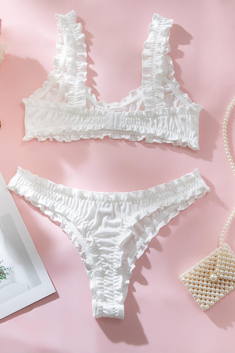 White Ruffled Ribbed Bra and Panty Set