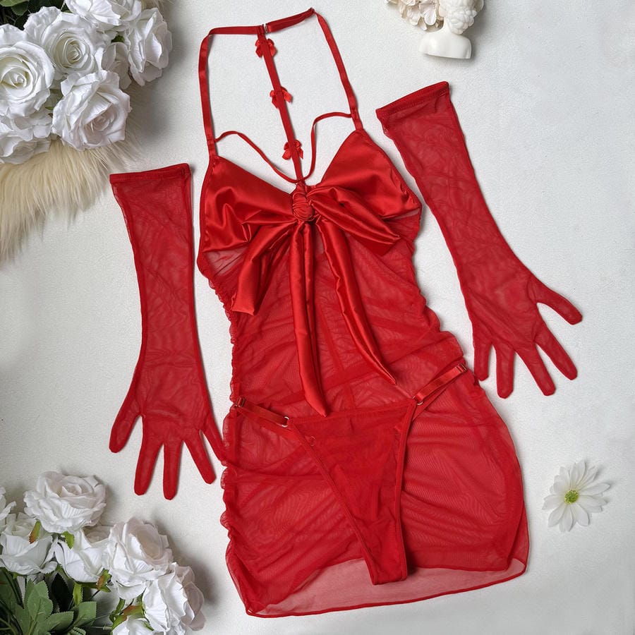 Red Halter Satin Bow Sheer Mesh Mini Dress
