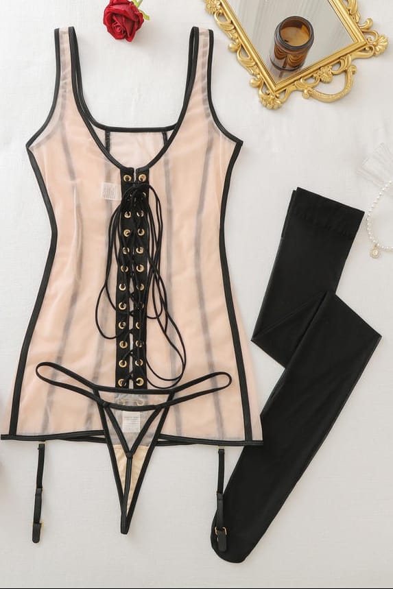 Sheer Nude Mesh Lace-Up Chemise