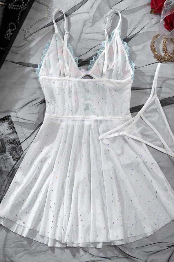 White Sheer Mesh Rhinestones Babydoll