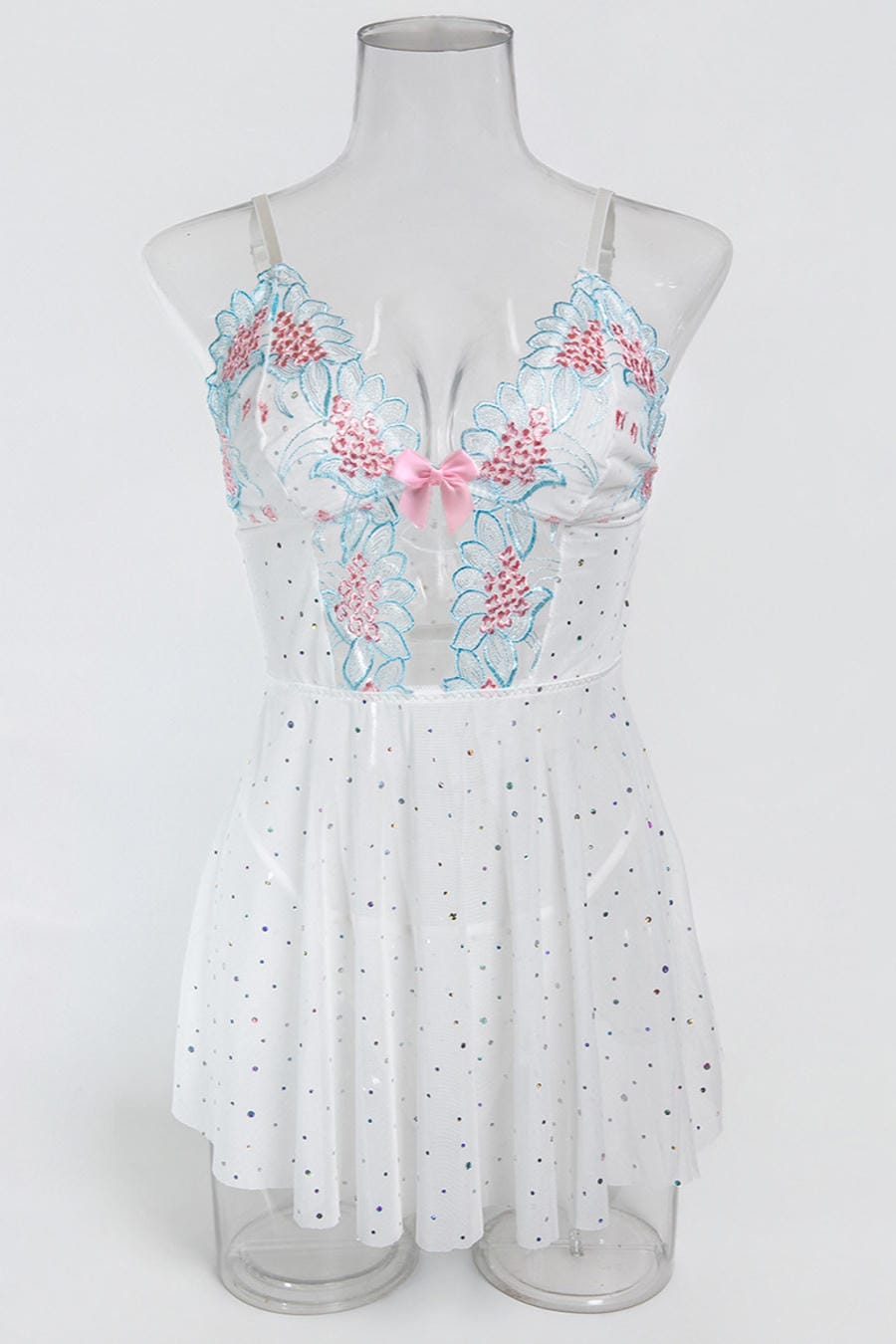 White Sheer Mesh Rhinestones Babydoll
