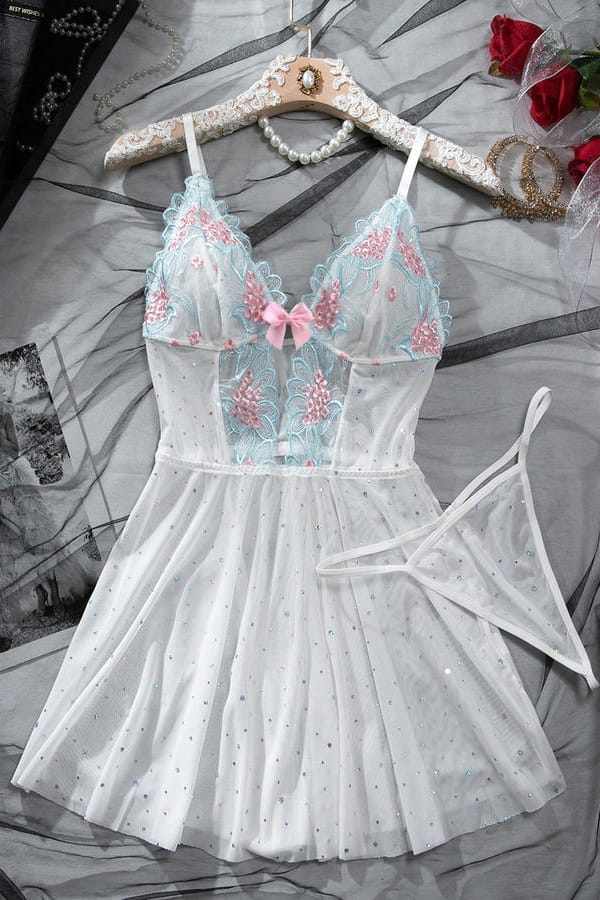 White Sheer Mesh Rhinestones Babydoll