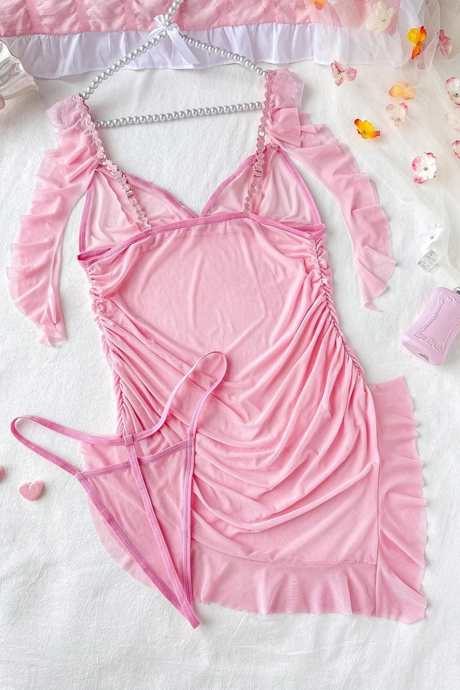 Plus Size Pink Sheer Mesh Ruffle Babydoll