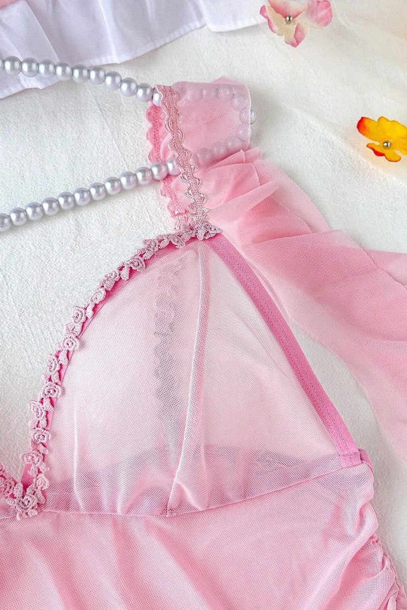 Plus Size Pink Sheer Mesh Ruffle Babydoll