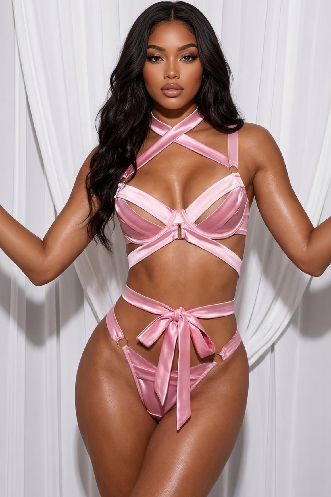 Pink Satin Crisscross Bra and Thong Set