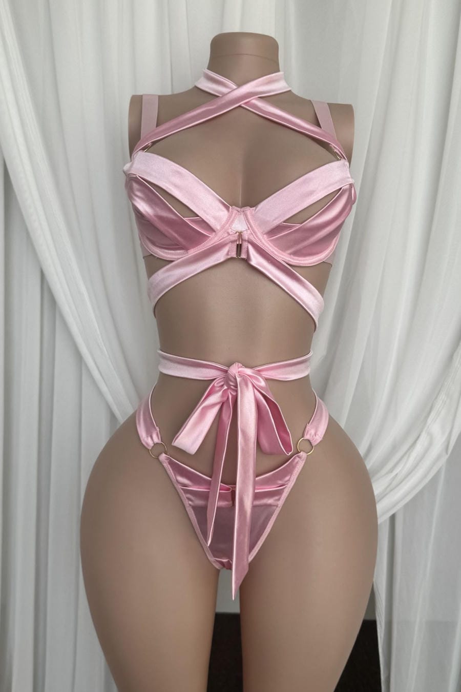 Pink Satin Crisscross Bra and Thong Set