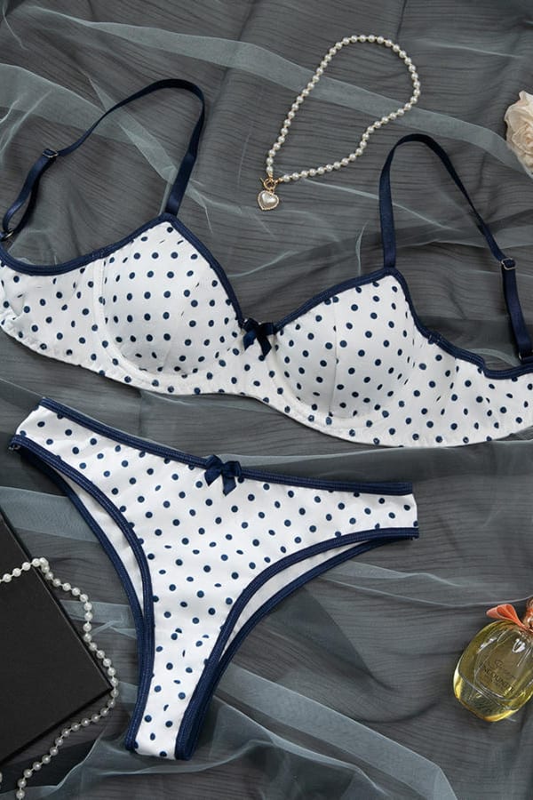 White Navy Polka Dot Bra Set