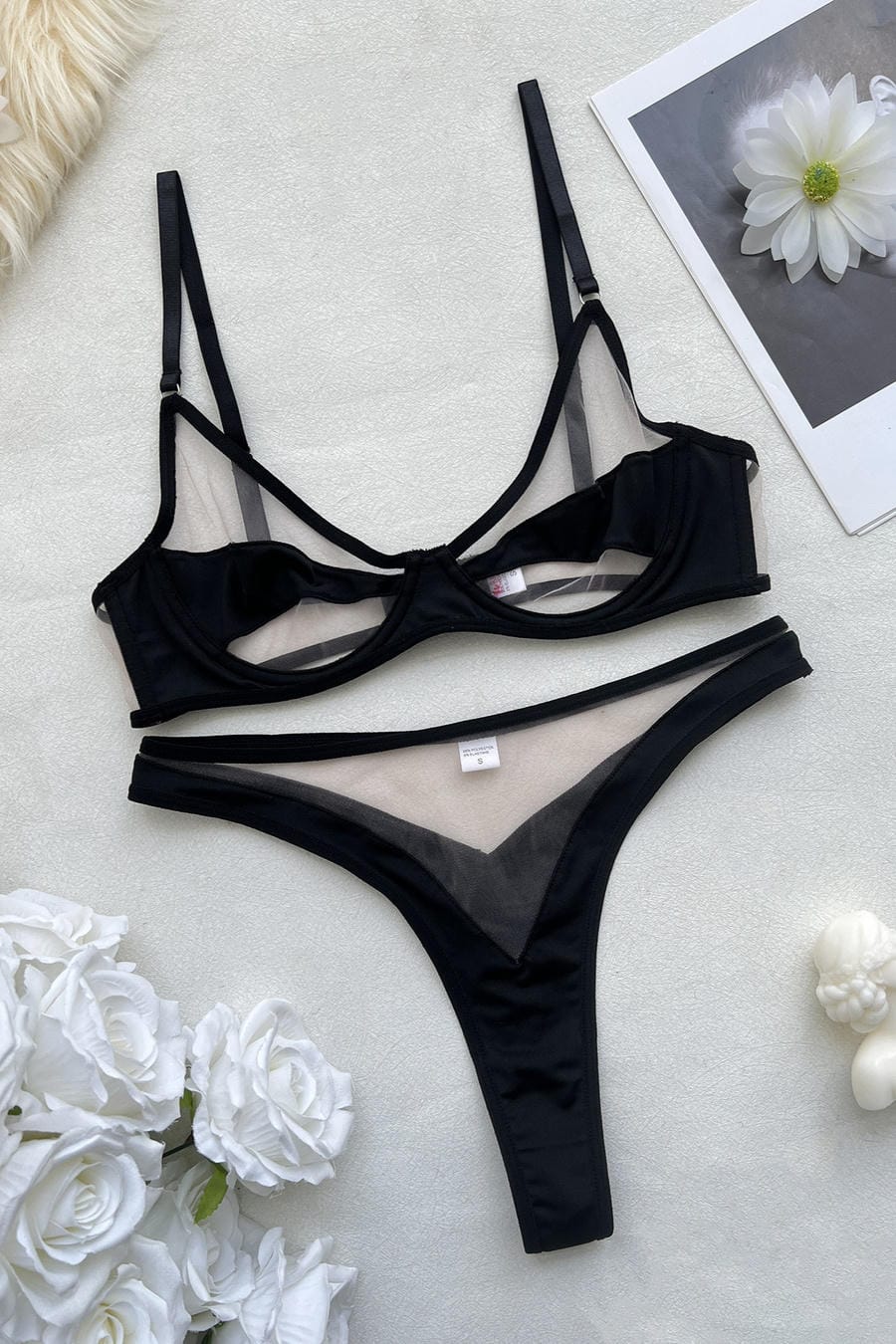 Black Sheer Mesh Strappy Cage Bra Set