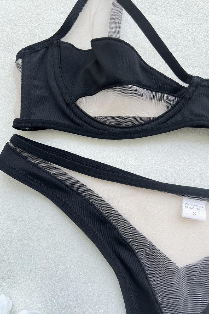 Black Sheer Mesh Strappy Cage Bra Set