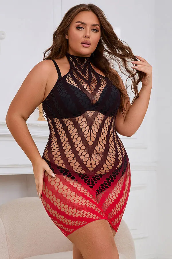 Plus Size Black And Red Two-Color Gradient Stretchy Fishnet Chemise Dress Lingerie Diva
