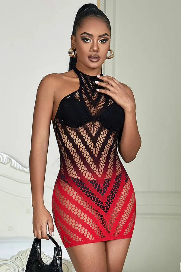 Black And Red Two-Color Gradient Stretchy Fishnet Chemise Dress Lingerie Diva