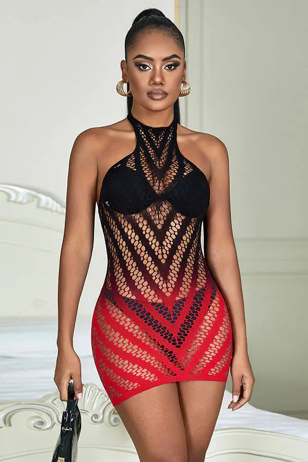 Black And Red Two-Color Gradient Stretchy Fishnet Chemise Dress Lingerie Diva