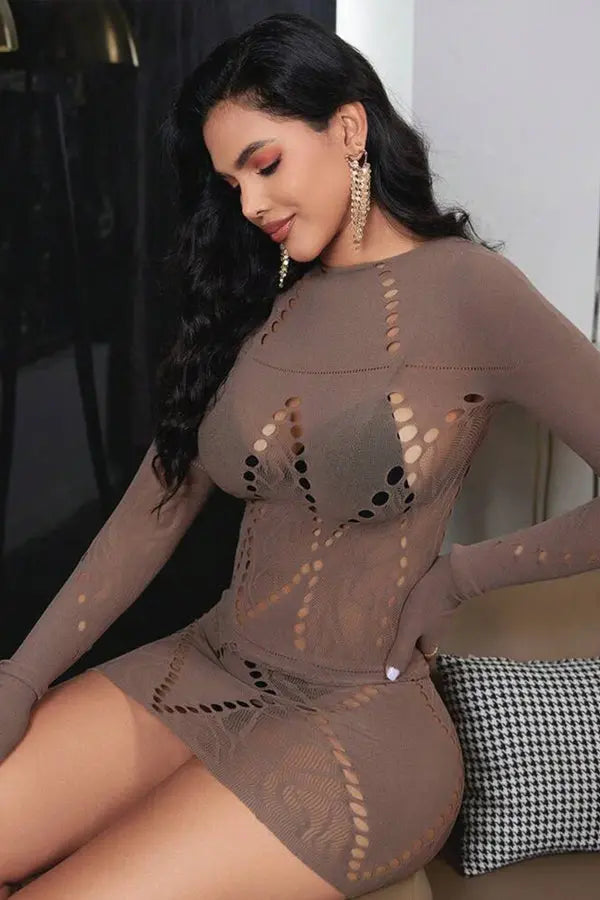 Taupe Sexy Long Sleeves Bodystocking Mini Dress Lingerie Diva