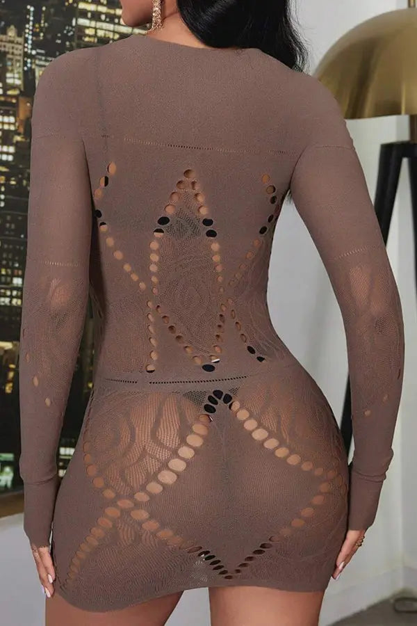 Taupe Sexy Long Sleeves Bodystocking Mini Dress Lingerie Diva