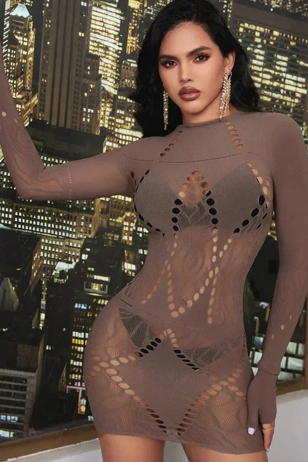 Taupe Sexy Long Sleeves Bodystocking Mini Dress - LingerieDiva