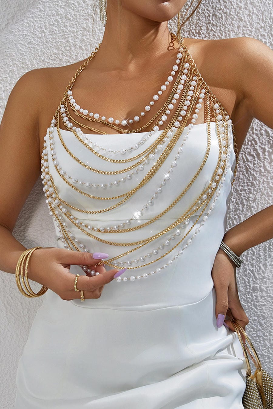 Gold Multi-Layer Pearl Body Chain Necklace