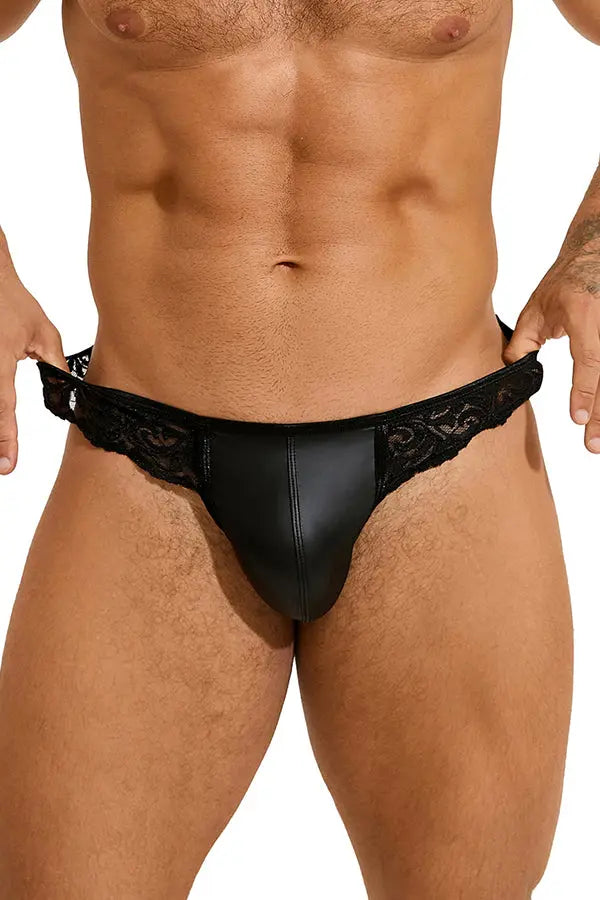Men’s Black Faux Leather Lace Thong Lingerie Diva