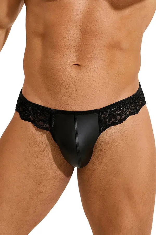 Men’s Black Faux Leather Lace Thong Lingerie Diva
