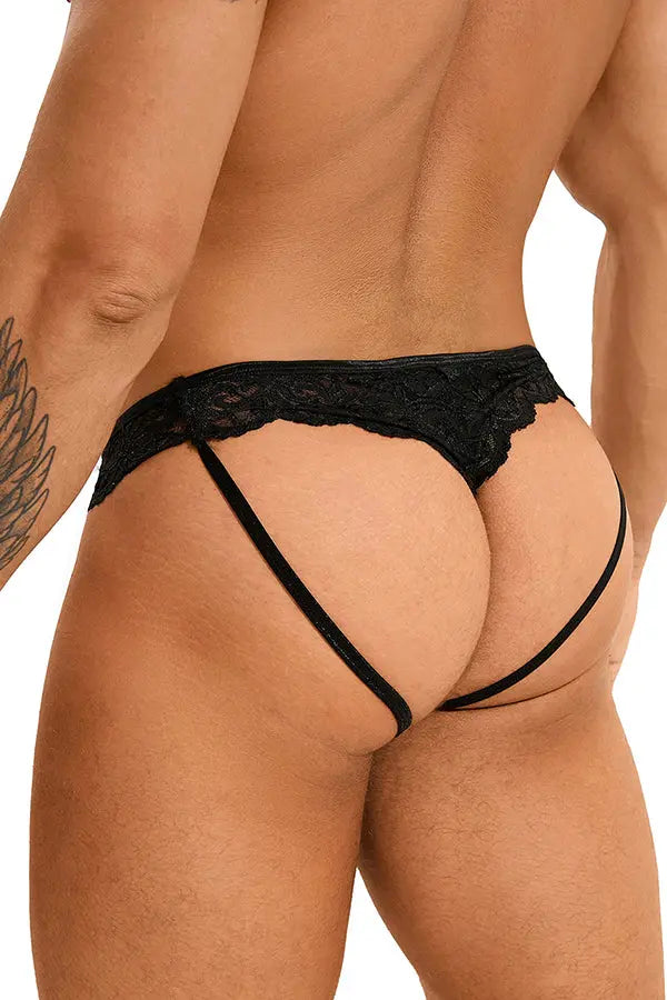 Men’s Black Faux Leather Lace Thong Lingerie Diva