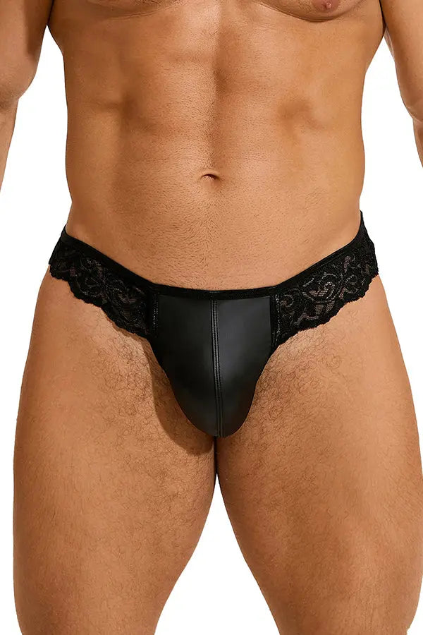 Men’s Black Faux Leather Lace Thong Lingerie Diva