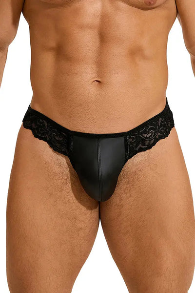 Men’s Black Faux Leather Lace Thong Lingerie Diva