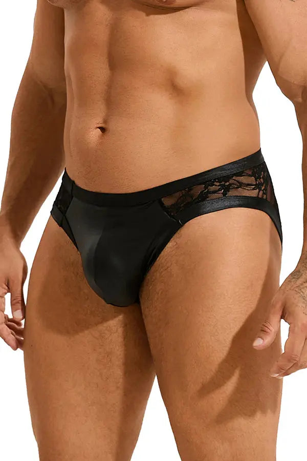 Men’s Black Faux Leather Lace Back Brief Lingerie Diva