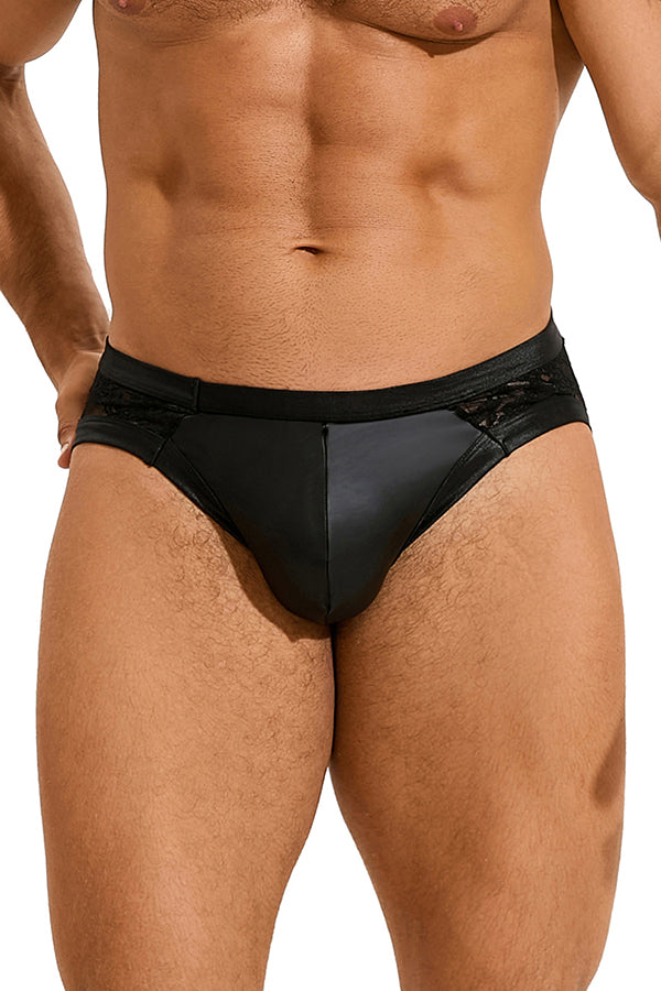Men’s Black Faux Leather Lace Back Brief