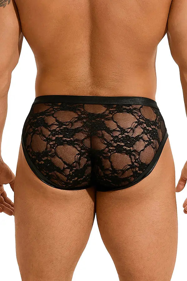 Men’s Black Faux Leather Lace Back Brief Lingerie Diva
