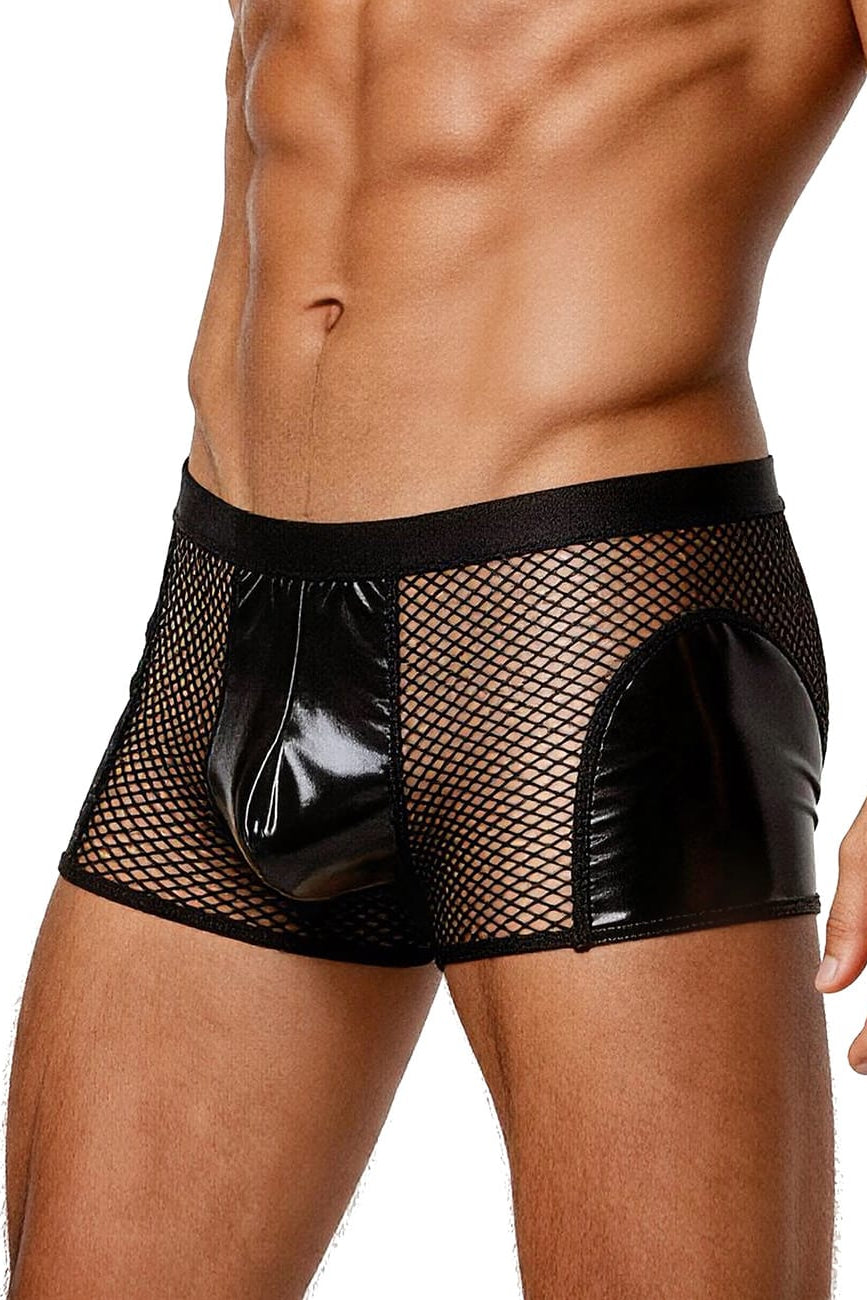 Men's Black Vinyl Fishnet Mesh Boxer Briefs