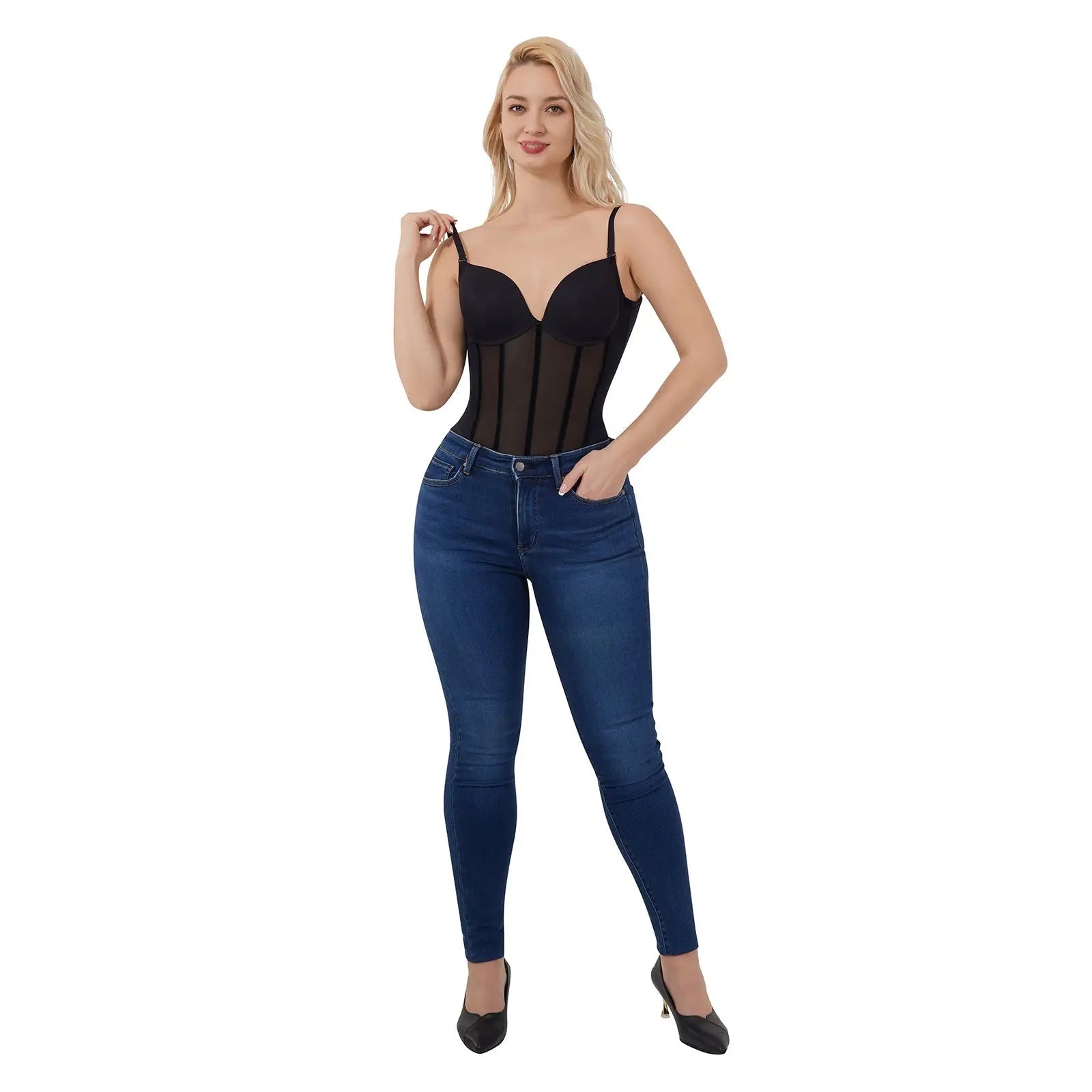 Black Plunge Backless Bodysuit Shaper With Built-In Bra And Velvet Boned Corset CocoLolos