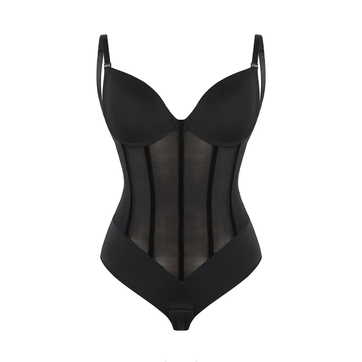 Black Plunge Backless Bodysuit Shaper With Built-In Bra And Velvet Boned Corset CocoLolos