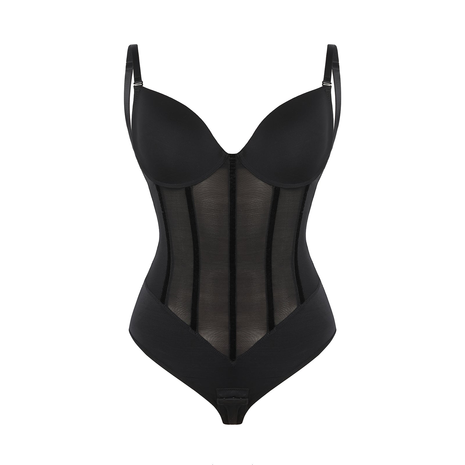 Black Plunge Backless Bodysuit Shaper With Built-In Bra And Velvet Boned Corset