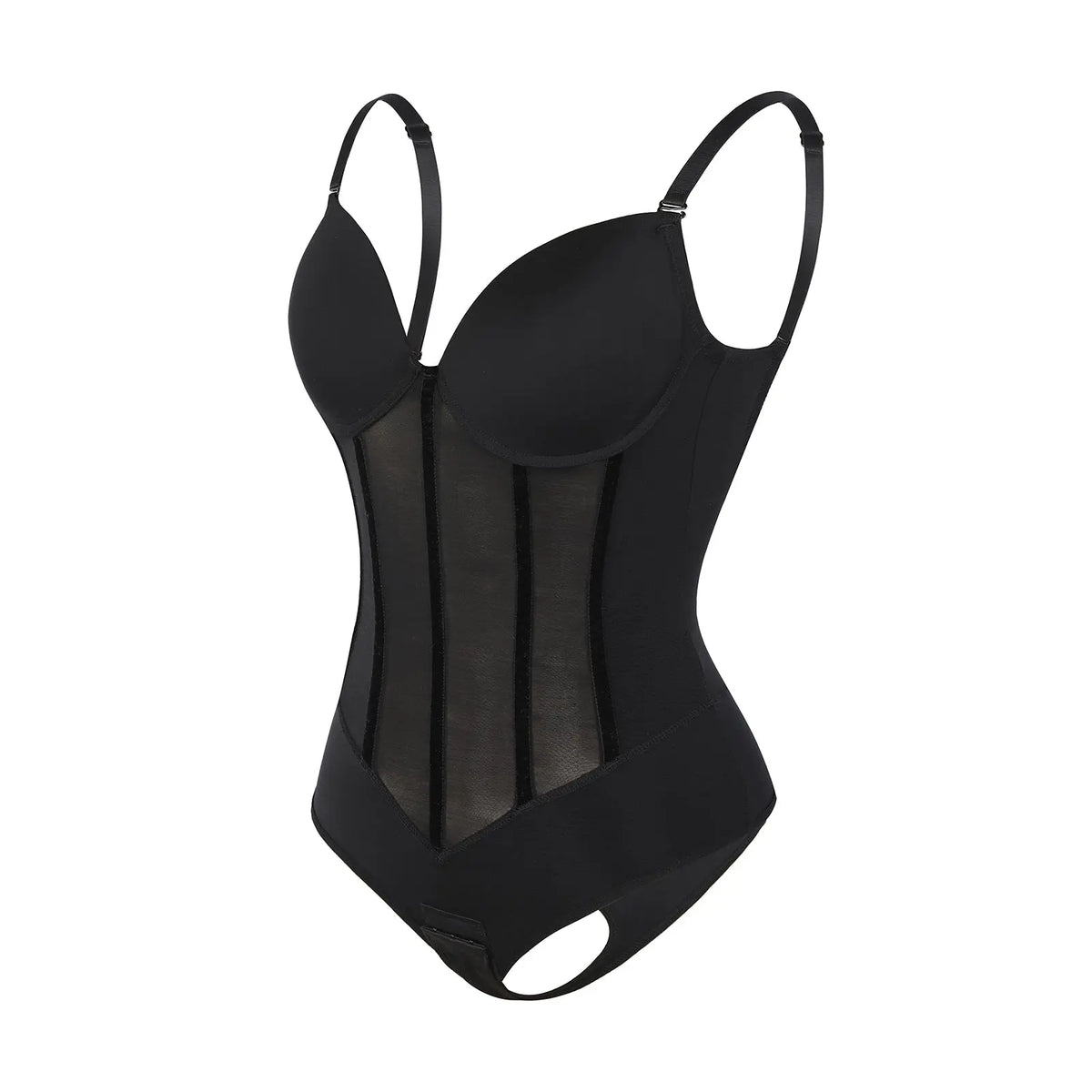 Black Plunge Backless Bodysuit Shaper With Built-In Bra And Velvet Boned Corset CocoLolos