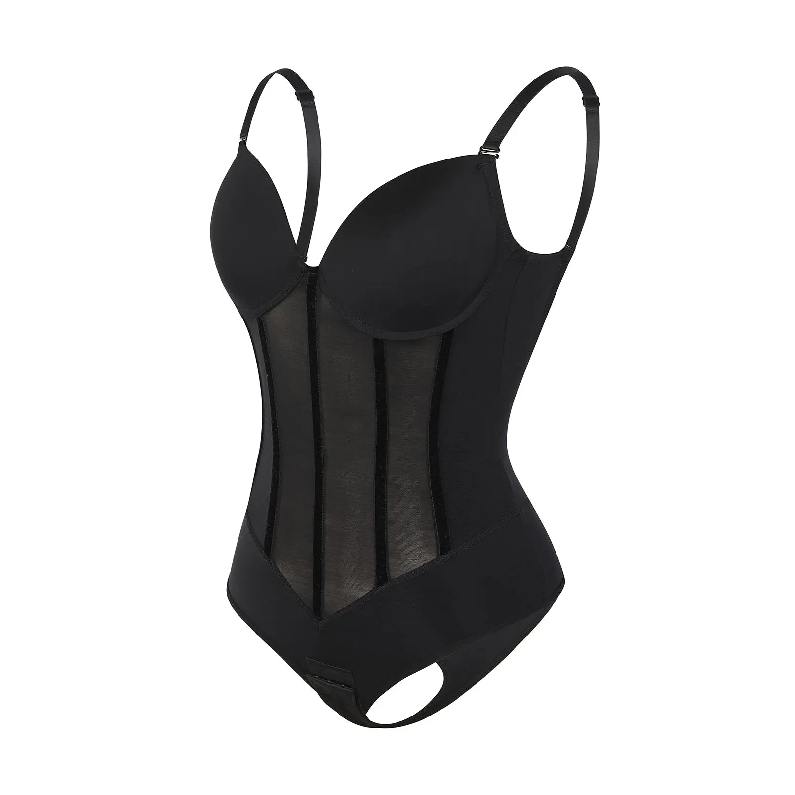 Black Plunge Backless Bodysuit Shaper With Built-In Bra And Velvet Boned Corset
