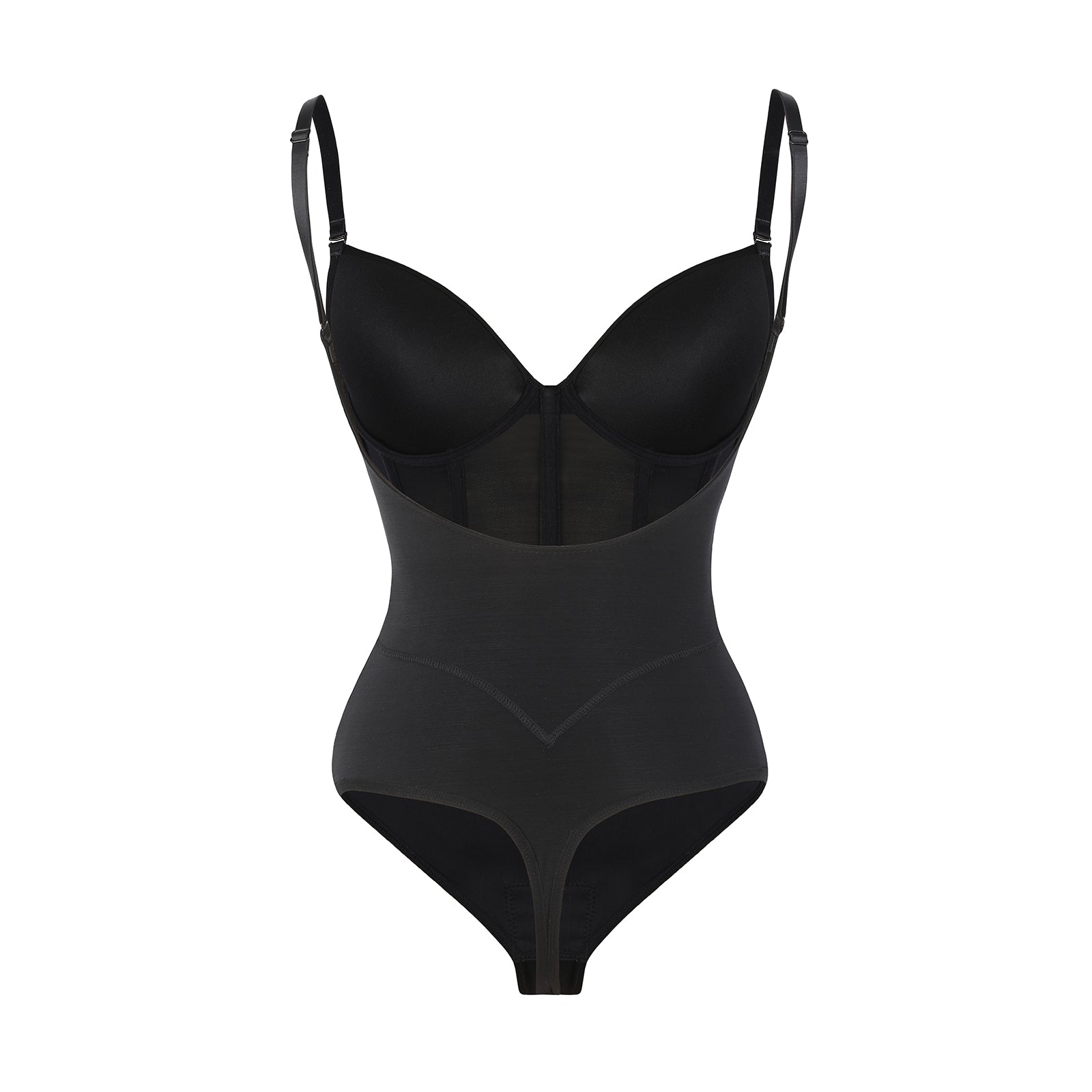 Black Plunge Backless Bodysuit Shaper With Built-In Bra And Velvet Boned Corset