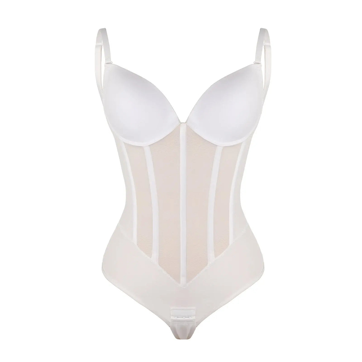 White Plunge Backless Bodysuit Shaper With Built-In Bra And Velvet Boned Corset CocoLolos