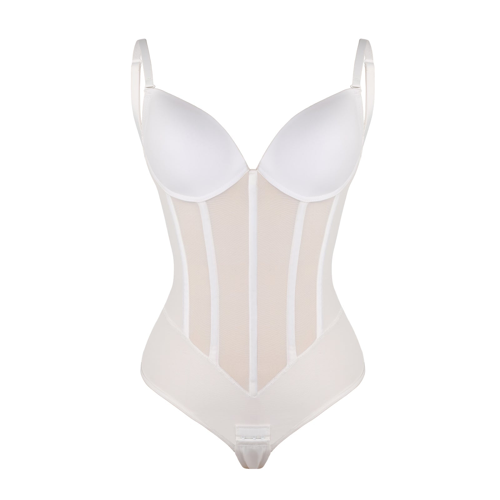 White Plunge Backless Bodysuit Shaper With Built-In Bra And Velvet Boned Corset