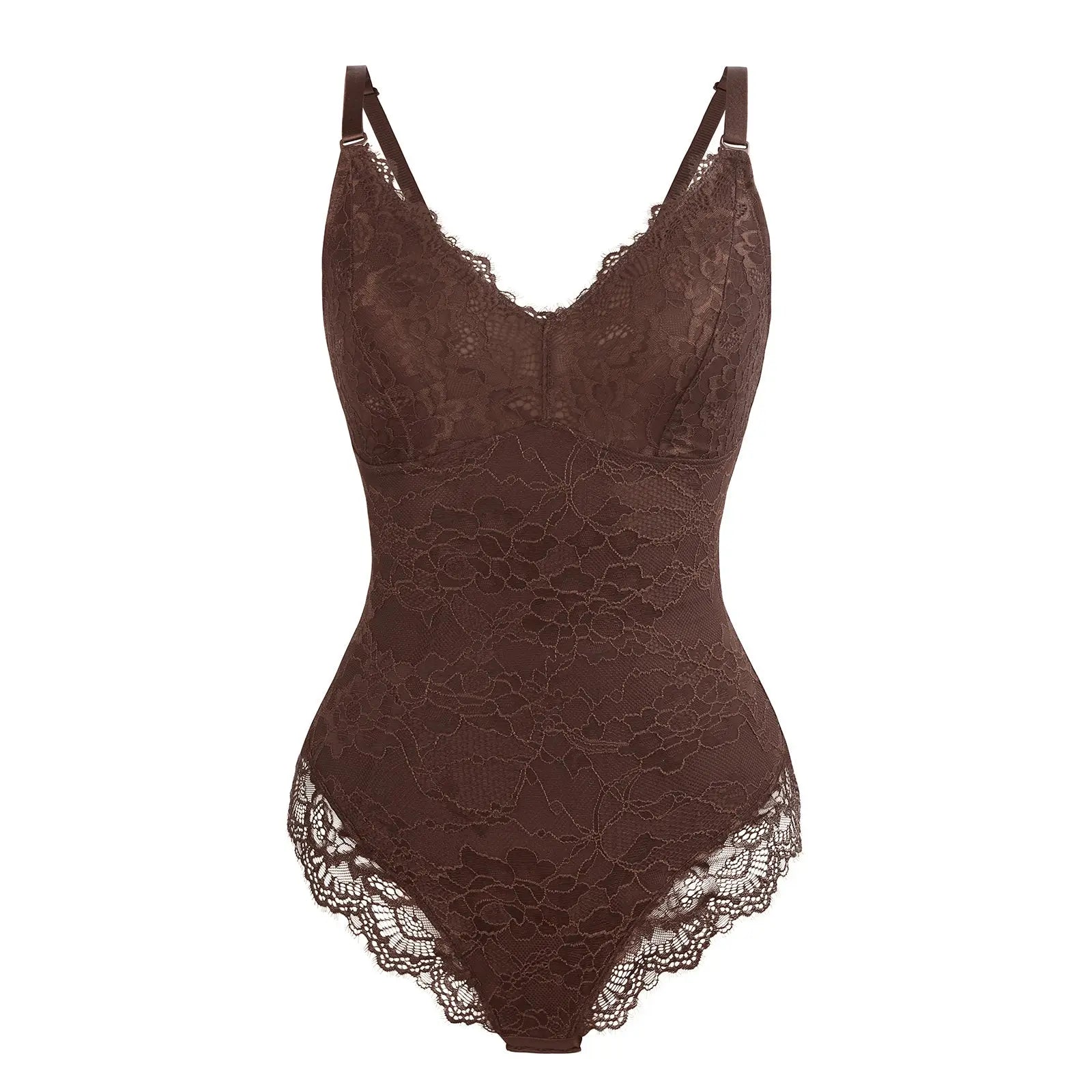 Elegant Cocoa Lace Deep V Slimming Tummy Control Bodysuit CocoLolos