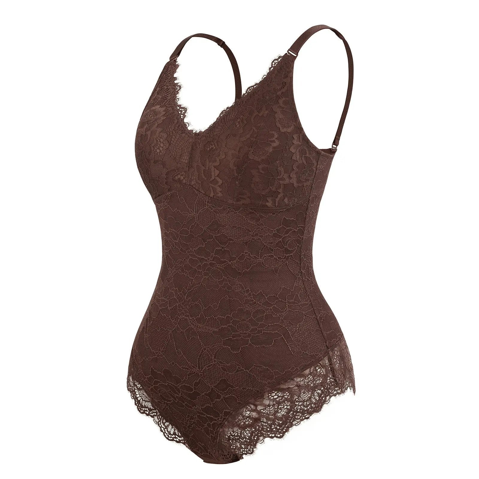 Elegant Cocoa Lace Deep V Slimming Tummy Control Bodysuit CocoLolos