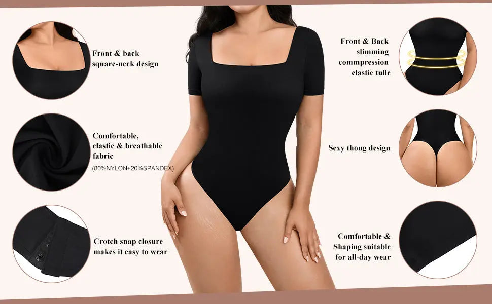 Black Square-Neck Short-Sleeve Tummy Control Shapewear Bodysuit CocoLolos