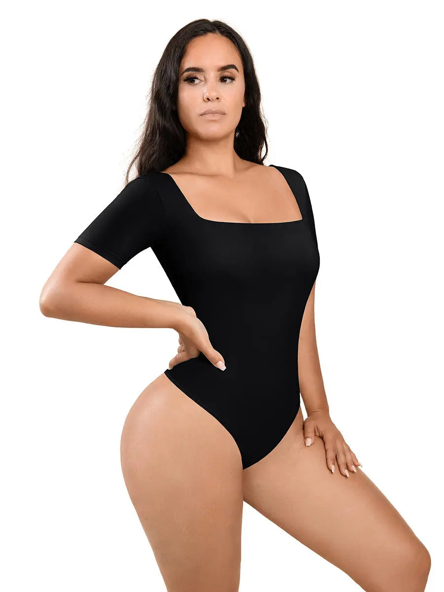 Black Square-Neck Short-Sleeve Tummy Control Shapewear Bodysuit CocoLolos
