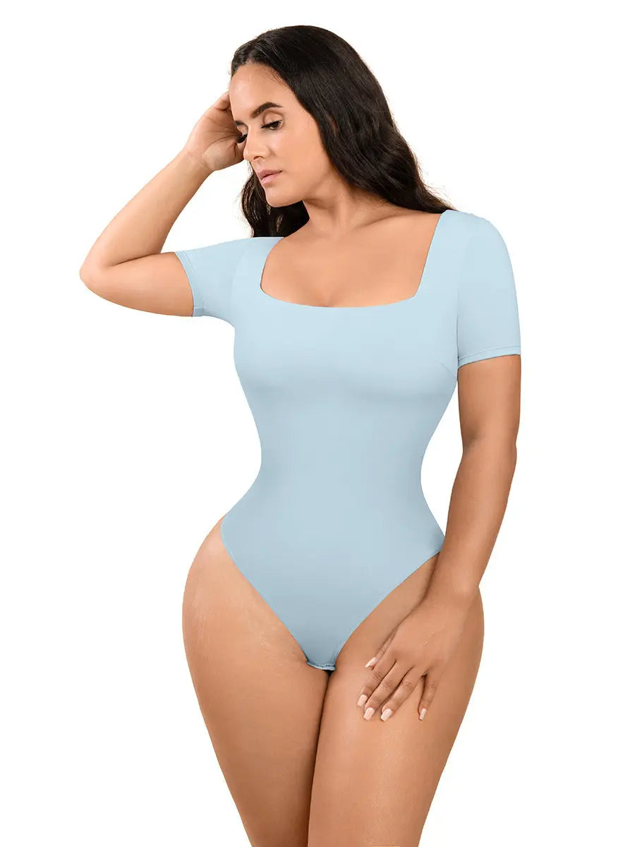 Powder Blue Square-Neck Short-Sleeve Tummy Control Shapewear Bodysuit CocoLolos